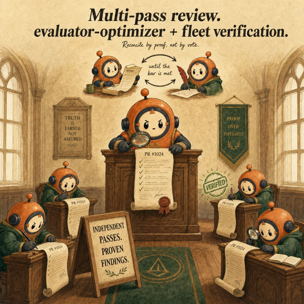Multi-Instance & Multi-Pass Review Architectures, hero illustration featuring Loop mascot in a warm gallery scene.