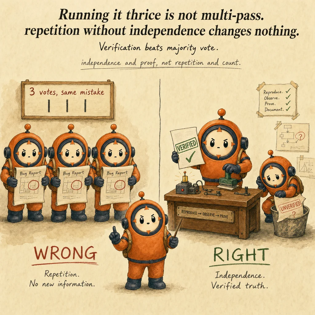 Multi-Instance & Multi-Pass Review Architectures exam trap, painterly cautionary scene featuring Loop mascot.