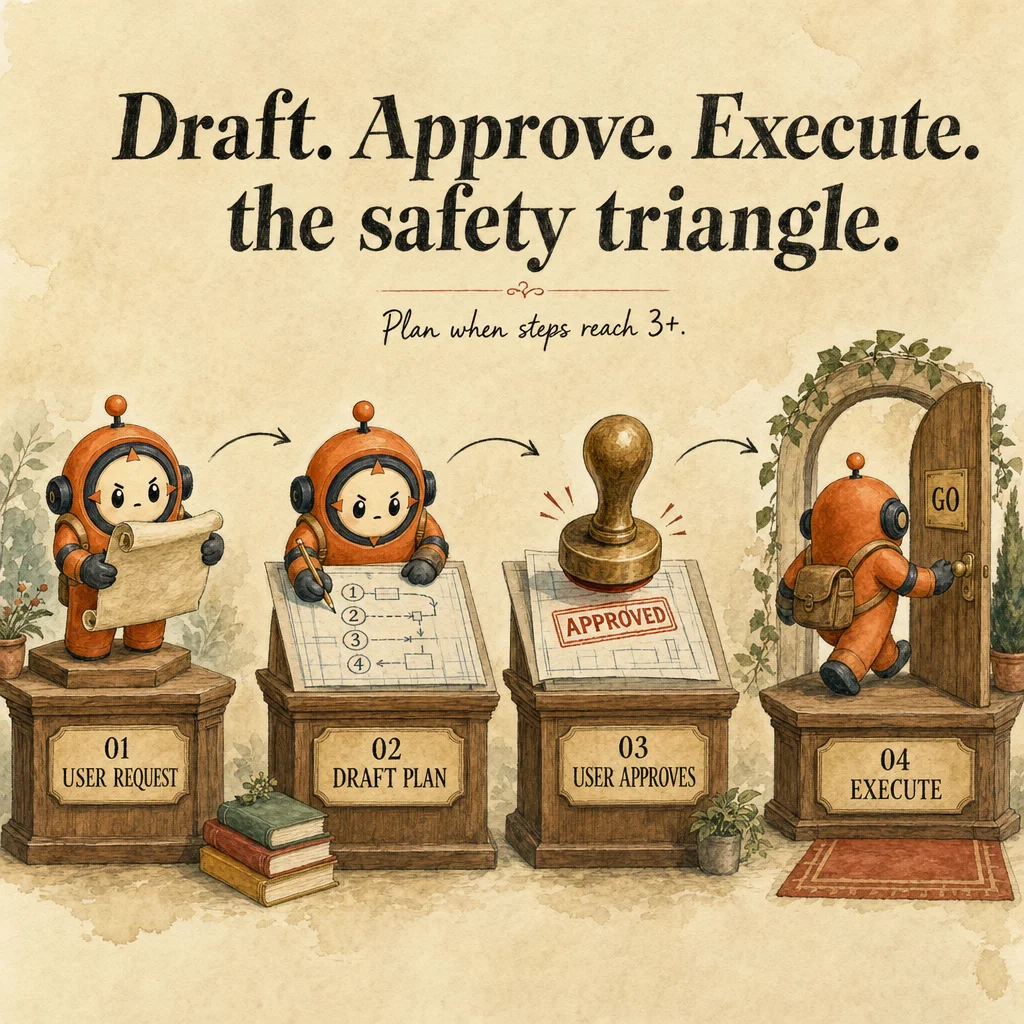 Plan Mode mechanics, painterly diagram featuring Loop mascot.