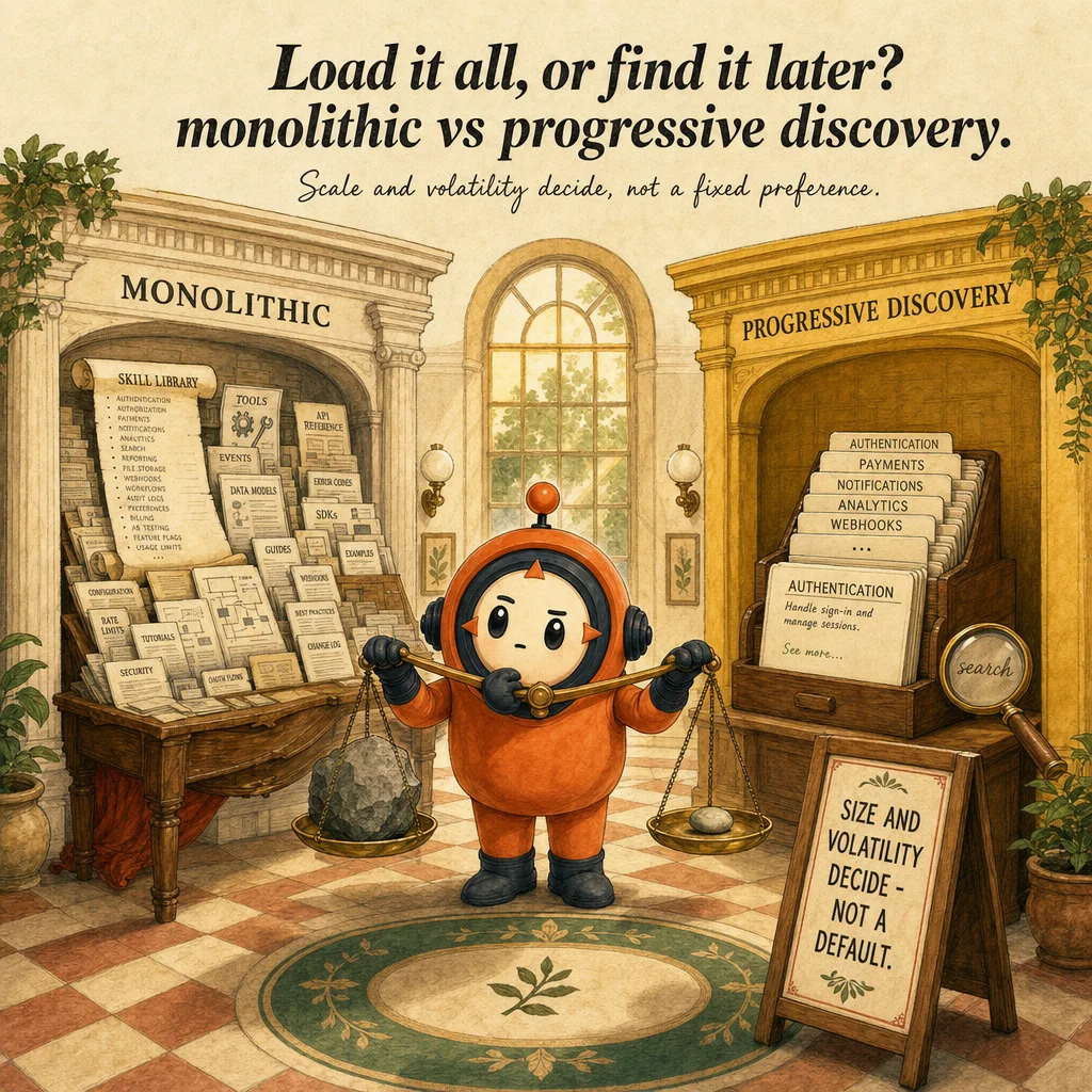 Progressive Discovery vs Monolithic Context Strategy, hero illustration featuring Loop mascot in a warm gallery scene.