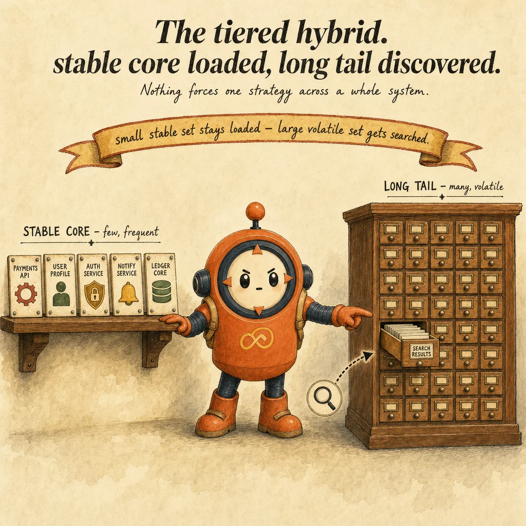 Progressive Discovery vs Monolithic Context Strategy mechanics, painterly diagram featuring Loop mascot.