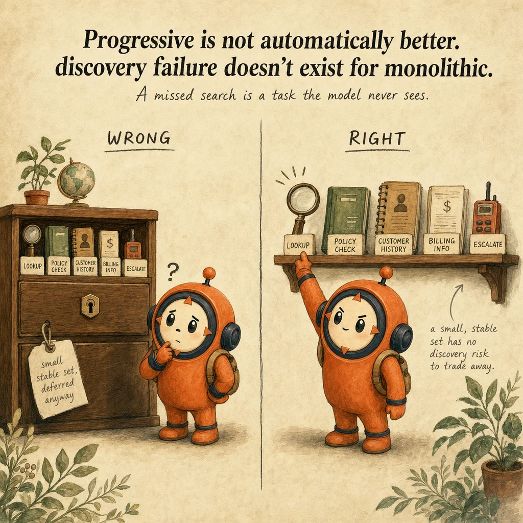 Progressive Discovery vs Monolithic Context Strategy exam trap, painterly cautionary scene featuring Loop mascot.