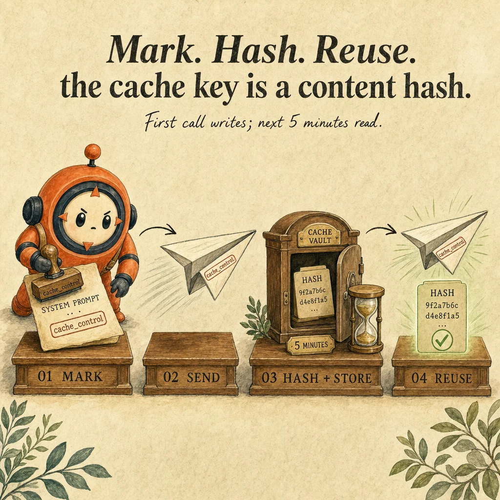 Prompt Caching mechanics, painterly diagram featuring Loop mascot.