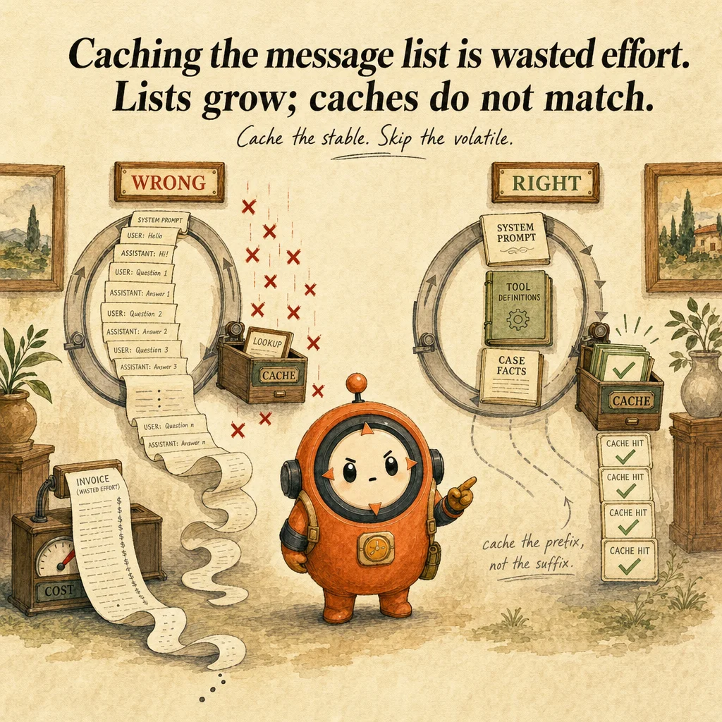Prompt Caching exam trap, painterly cautionary scene featuring Loop mascot.