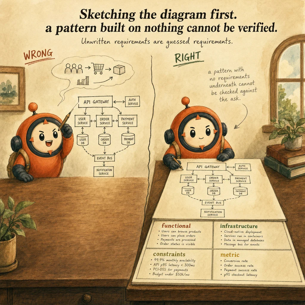 Translating Business Requirements into Claude Solutions exam trap, painterly cautionary scene featuring Loop mascot.
