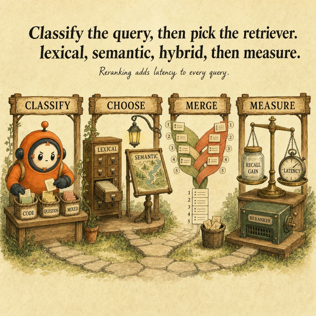 Retrieval Strategy Matching mechanics, painterly diagram featuring Loop mascot.