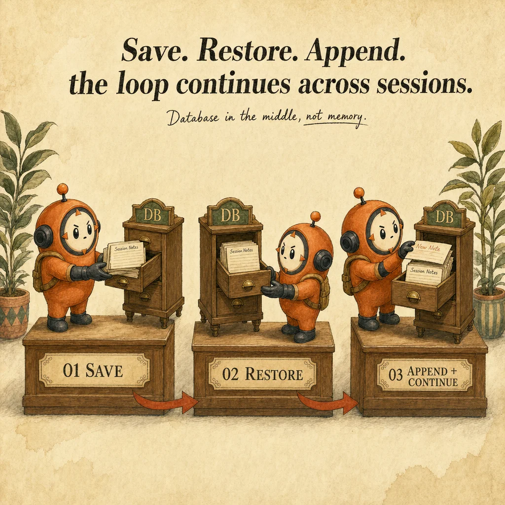 Session State & Persistence mechanics, painterly diagram featuring Loop mascot.
