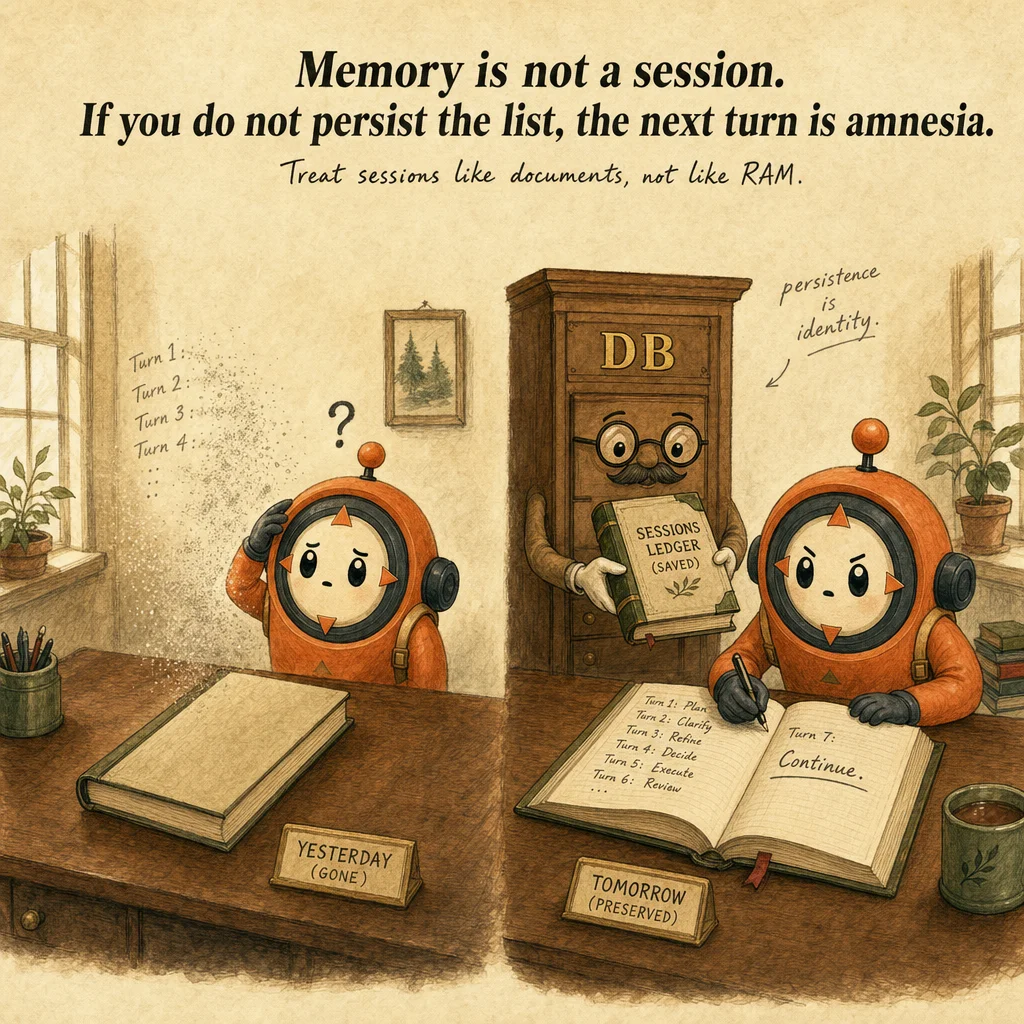 Session State & Persistence exam trap, painterly cautionary scene featuring Loop mascot.