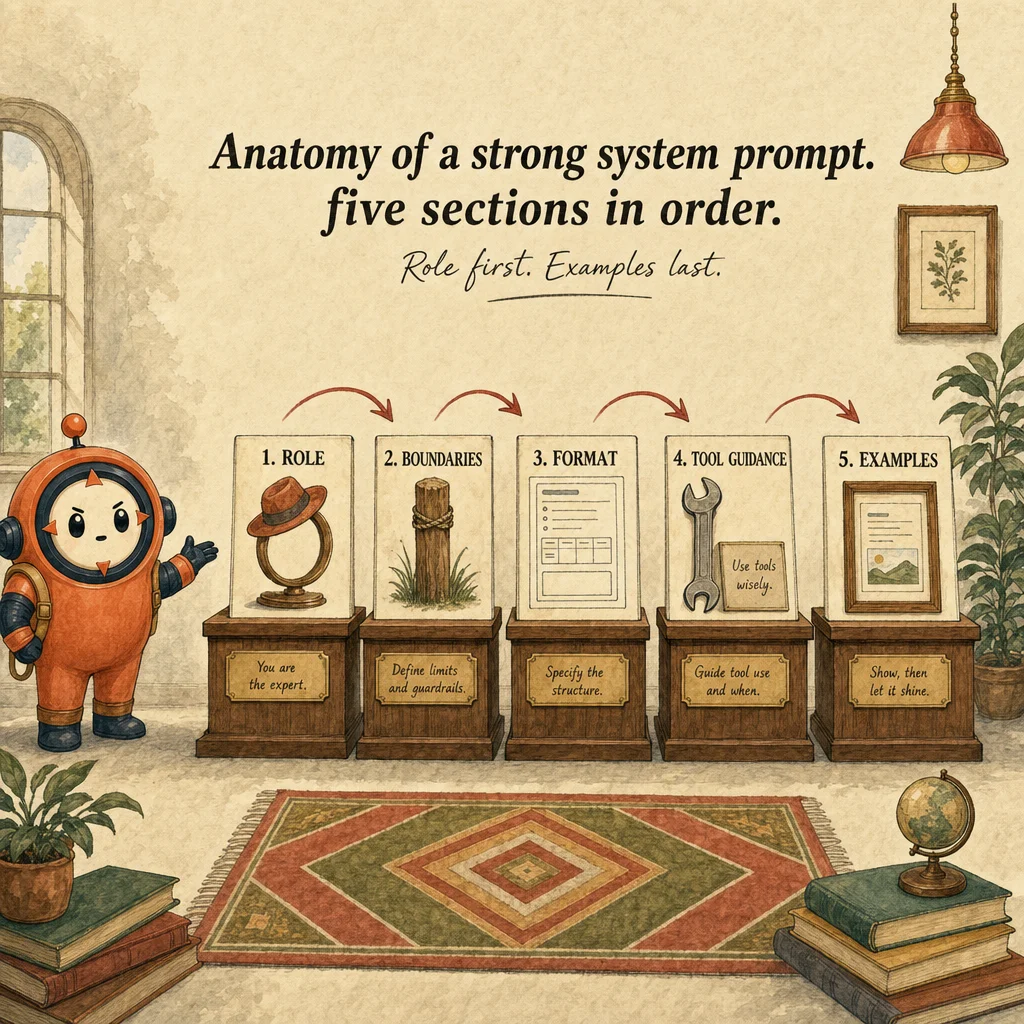 System Prompts & Instructions mechanics, painterly diagram featuring Loop mascot.