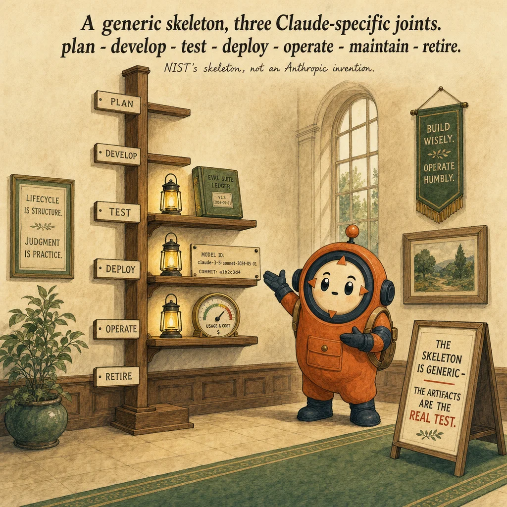 Systems Life Cycle Management for Claude Applications, hero illustration featuring Loop mascot in a warm gallery scene.