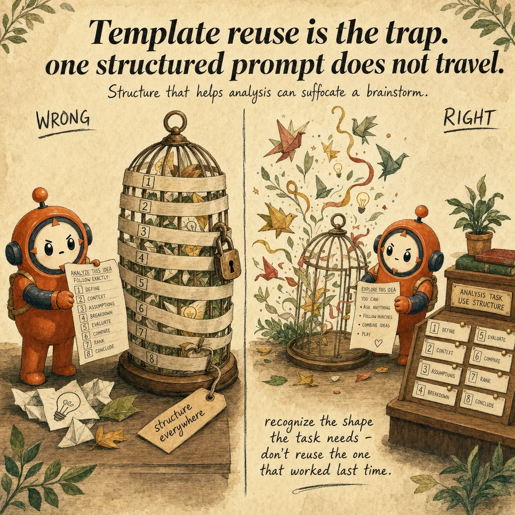 Prompting Strategy by Task Type: Analysis, Research, Drafting, Brainstorming exam trap, painterly cautionary scene featuring Loop mascot.