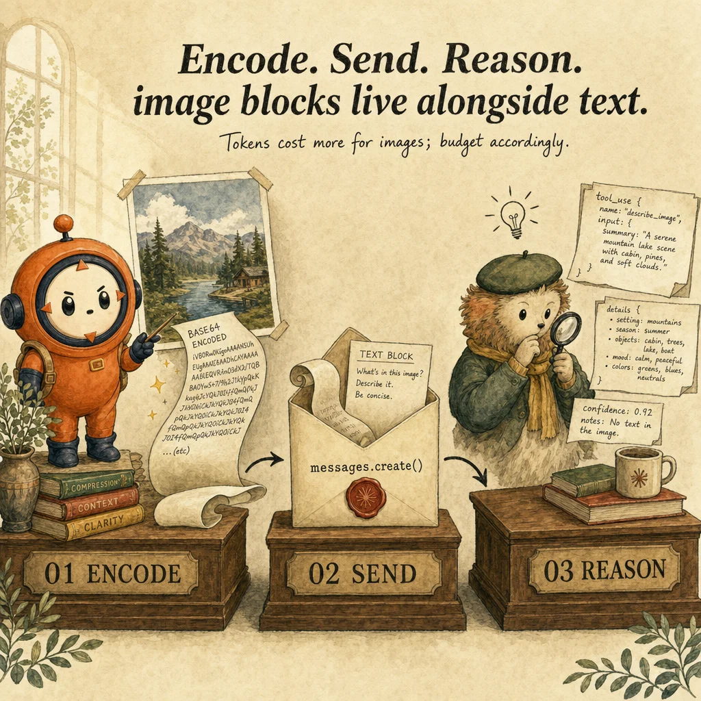 Vision & Multimodal mechanics, painterly diagram featuring Loop mascot.