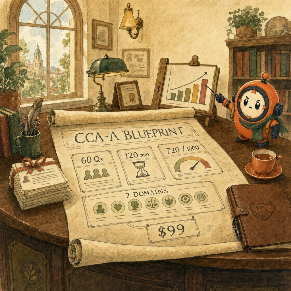 Loop the mascot with the CCA-A (CCAO-F) certification blueprint, painterly composition.