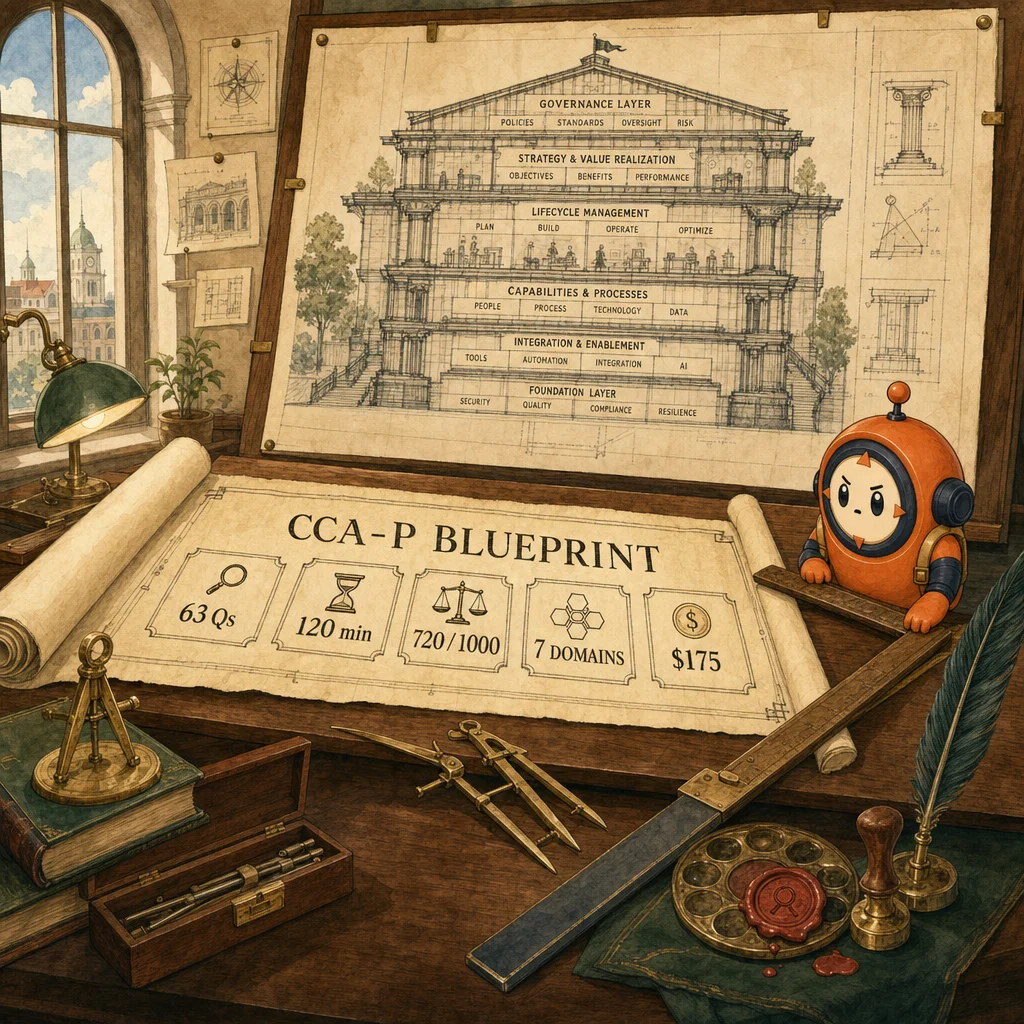Loop the mascot with the CCA-P (CCAR-P) certification blueprint, painterly composition.